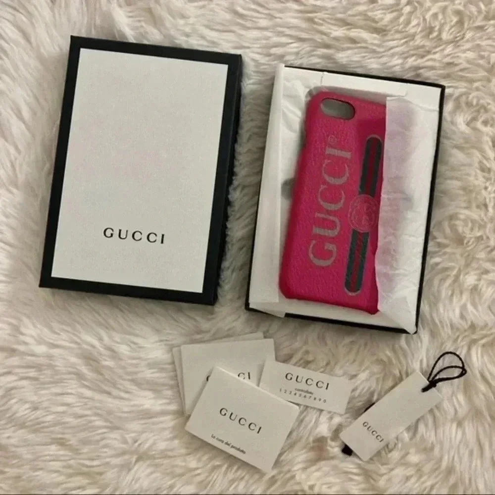 GUCCI Vintage Logo Print IPhone SE/7/8 Leather Pink Phone Case